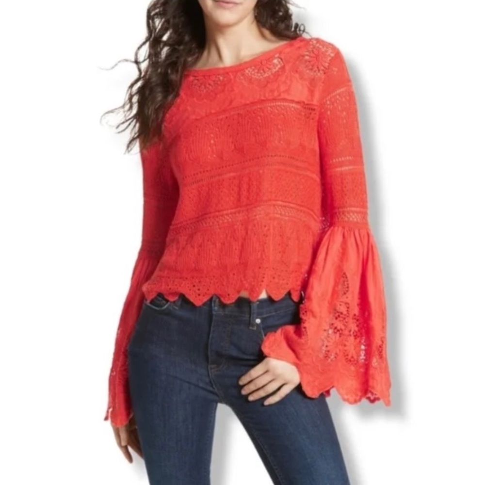 Free People Boho Crochet Knit - Bell Sleeve- Once Upon A Time Top - XS - Orange